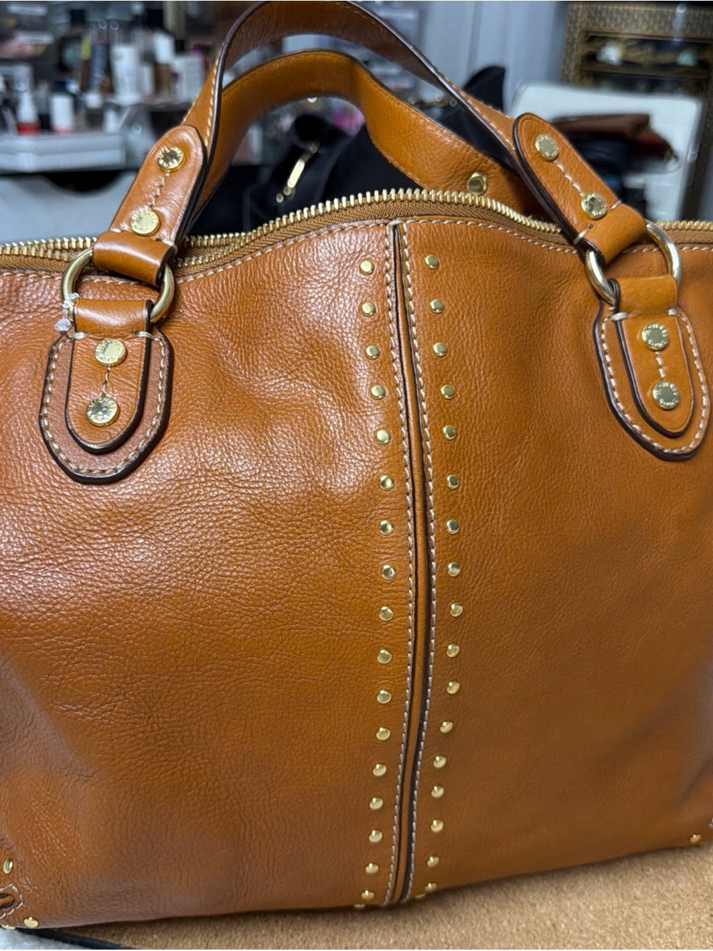 Michael Khor Medium Tote Shoulder Leather Stud-Accent Tote Bag in Cognac B-0908